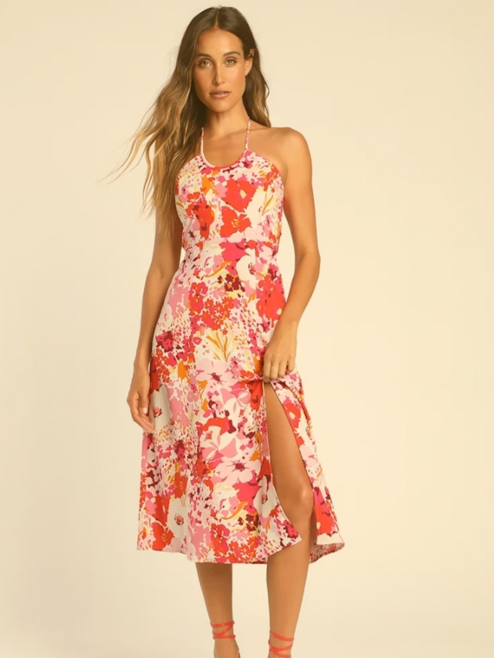 Lulu's Pink and Coral Floral Halter Midi Dress with Side Slit